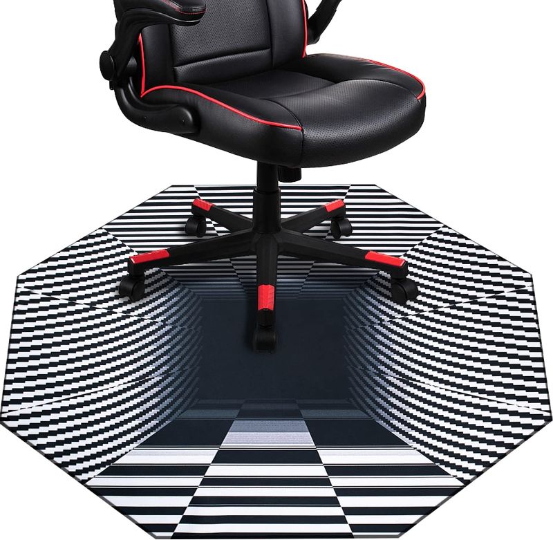 Photo 1 of 51x51 inches Large Gaming Chair Octagon Carpet Natural Rubber Silent Computer Game Chair Rug Anti Slip Gamer Chair Mat for All Kinds of Office Hard Wood Floor (Black and White Trippy Vision)