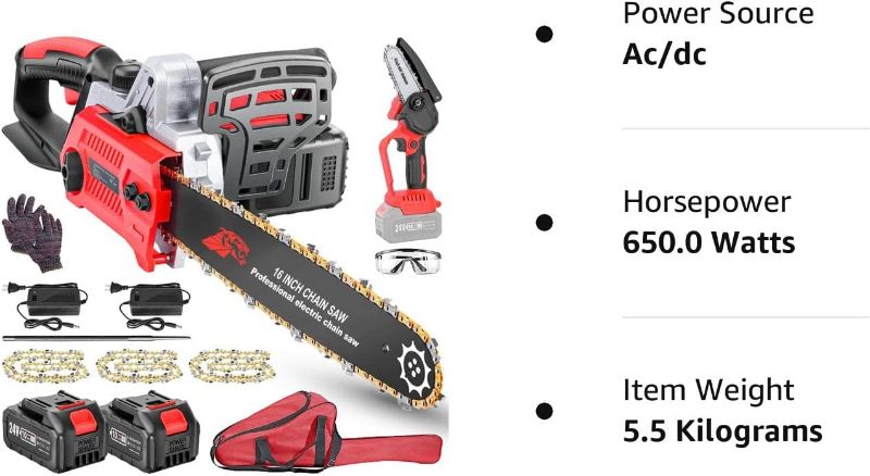 Photo 1 of 16-Inch Cordless Chainsaw, Electric Chainsaw with 3.0Ah X2 Batteries and 2 Fast Chargers, 24V Brushless Chain Saw with Tool Free Blade Tension System (with 4 Inch Mini Chainsaw)
-appears new open box-
