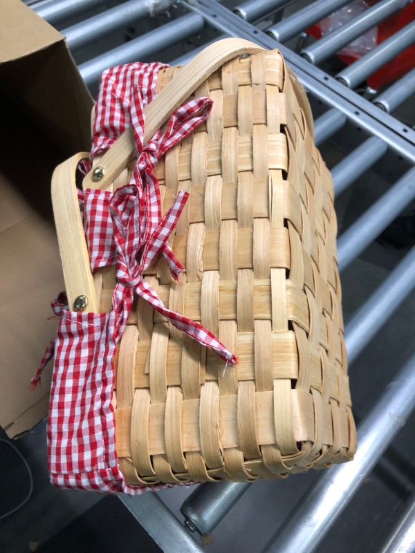 Photo 2 of 2 Pieces Different Sizes Picnic Baskets Natural Woven Basket with Double Folding Handles, Woodchip Basket Easter Basket for Easter Egg Candy Halloween Children's Toy Storage (Red and White)