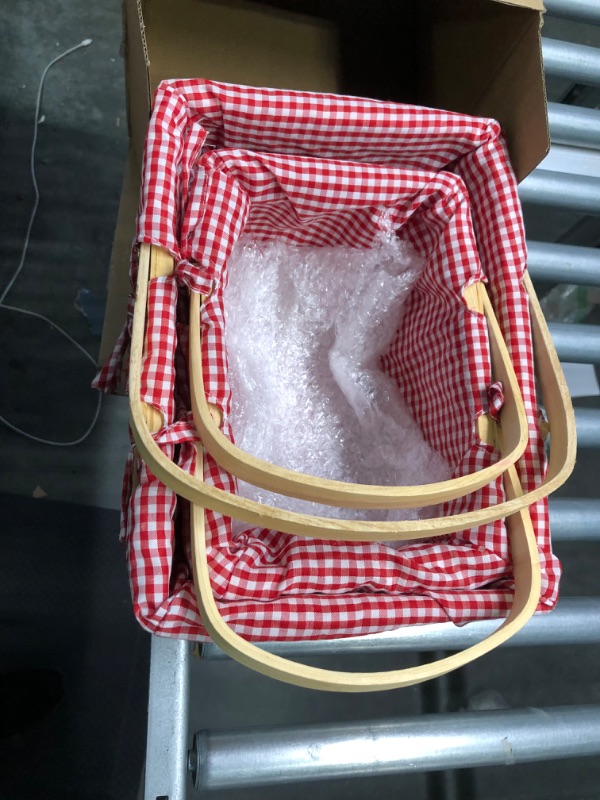 Photo 3 of 2 Pieces Different Sizes Picnic Baskets Natural Woven Basket with Double Folding Handles, Woodchip Basket Easter Basket for Easter Egg Candy Halloween Children's Toy Storage (Red and White)