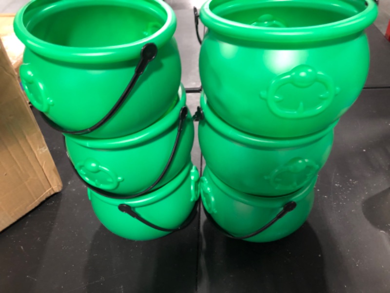 Photo 3 of 6 Pcs 8" Green Cauldron Kettle Leprechaun Pot St. Patrick's Bucket Plastic Cauldron Pot of Gold Pot with Handle for Candy Large Lucky Leprechaun Pot for Kids St Patrick Day Party Favors Decorations