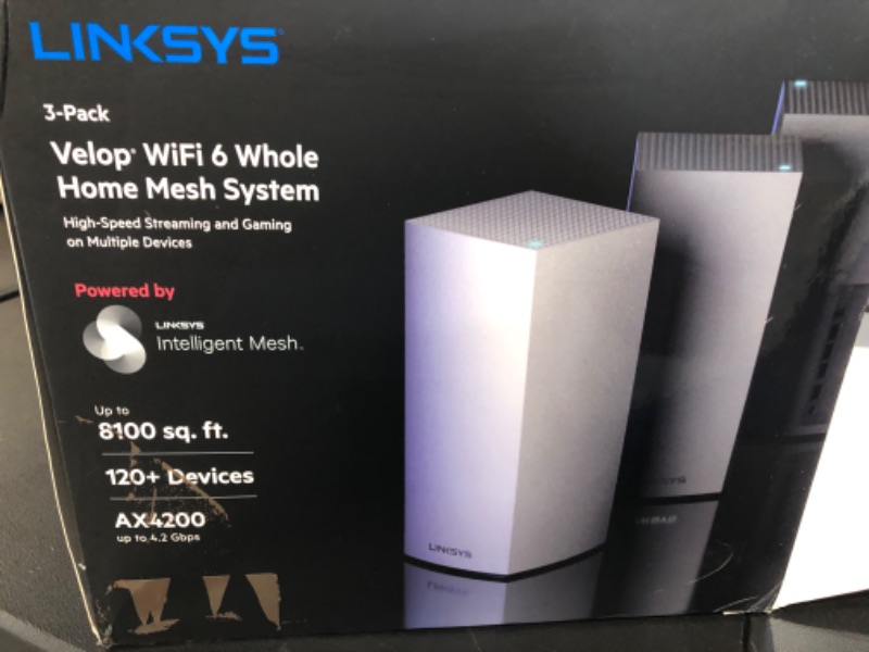 Photo 5 of Linksys MX12600 Velop Intelligent Mesh WiFi 6 System: AX4200, Tri-Band Wireless Network for Full-Speed Home Coverage, 8,100 sq ft (White, 3-Pack) WIFI 6 8100 Sq. ft - 120+ Devices