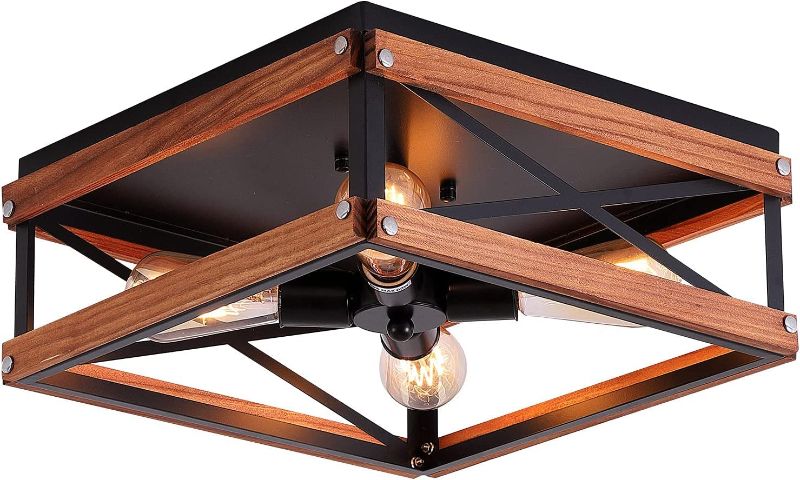 Photo 1 of 4-Light Rustic famrhouse Flush Mount Ceiling Light Metal and Wood Square Flush Mount Ceiling Light Fixture for Hallway Bedroom Kitchen Entryway Living Room, Black

