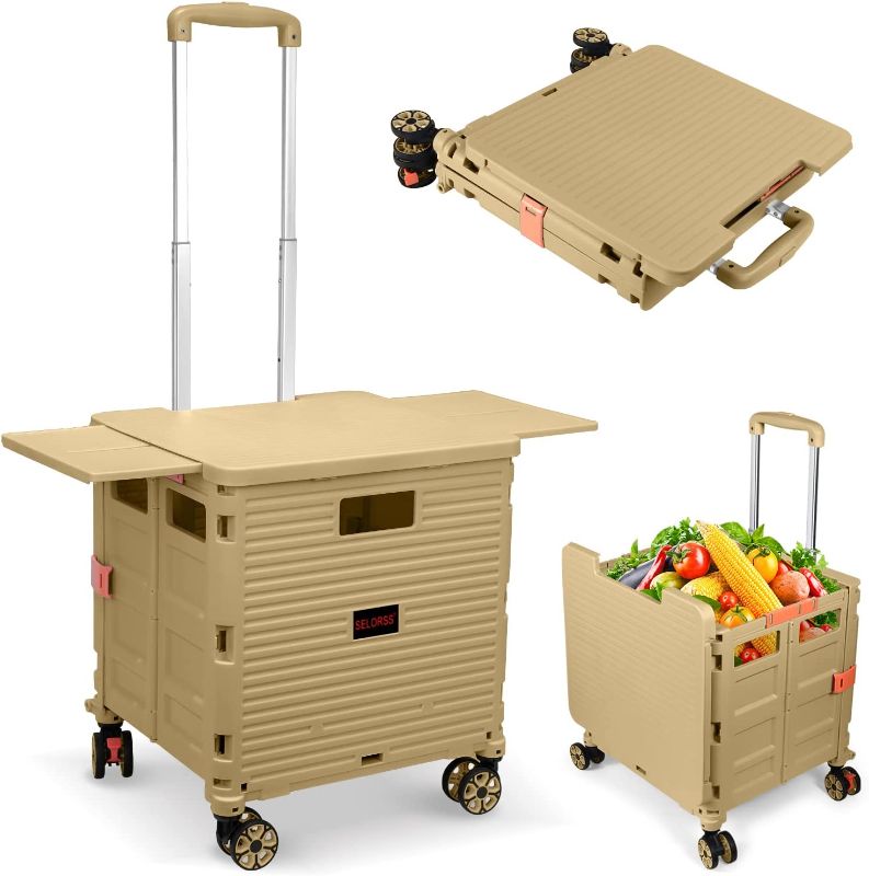 Photo 1 of Foldable Utility Cart Collapsible Portable Crate Rolling Carts with Wheels Teacher Cart with Magnetic Lid Telescopic Cover Wear-Resistant 360°Rotate Wheel Noiseless for Shopping Storage Office Use
