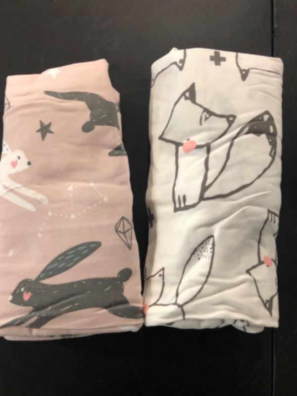 Photo 3 of GRSSDER Stretchy Ultra Soft Jersey Knit Fitted Crib Sheets Set 2 Pack, Cozy Crib Sheet Girl Fits All Standard Crib Mattress Pads, Cute Foxes and Rabbits Print Light Pink Jersey