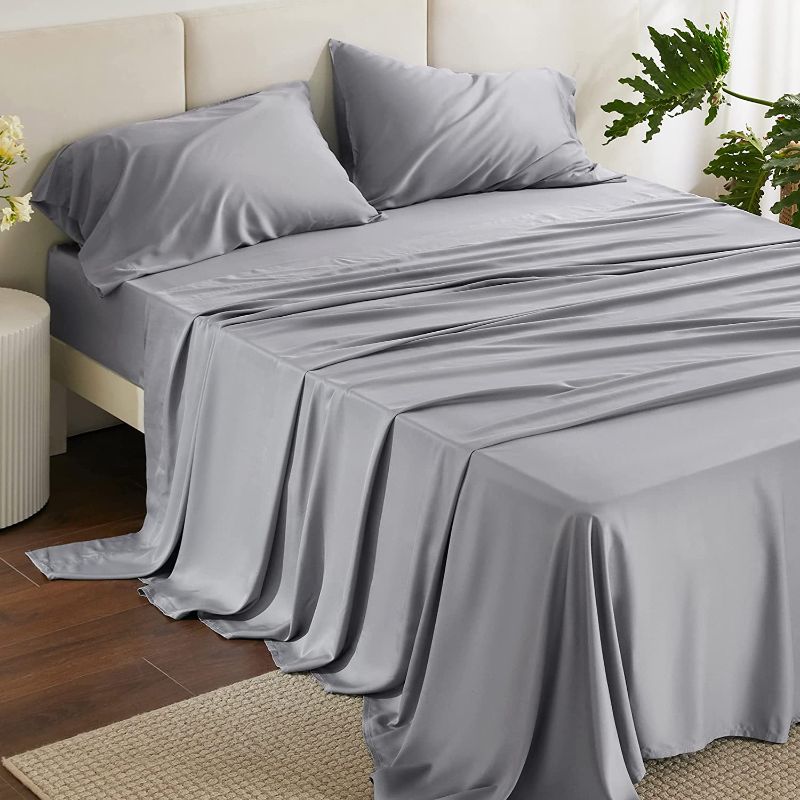 Photo 1 of Bedsure Cooling Sheets Set, Rayon Made from Bamboo, King Size Sheets, Deep Pocket Up to 16", Hotel Luxury Silky Soft Breathable Bedding Sheets & Pillowcases, Light Grey

