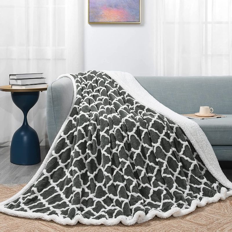 Photo 1 of  Fleece Blanket Twin Size - Soft Cozy Blanket with Sherpa Backing,Grey Twin Size Sherpa Blanket with 3D Jacquard Design for Couch,Bed,Travel,Camping,Grey,60"x80"
