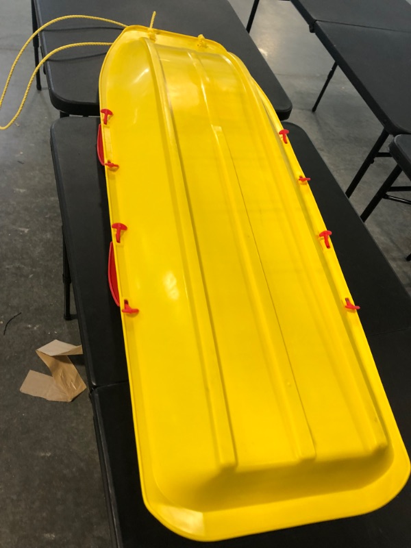 Photo 2 of Back Bay Play 47in Snow Sled Racer - High Density Plastic Sled 2 Person Toboggan with Pull Rope & 4 Handles Snow Sleds for Kids and Adult Electric Yellow