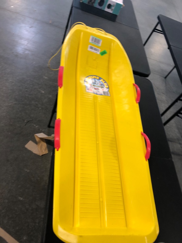 Photo 3 of Back Bay Play 47in Snow Sled Racer - High Density Plastic Sled 2 Person Toboggan with Pull Rope & 4 Handles Snow Sleds for Kids and Adult Electric Yellow