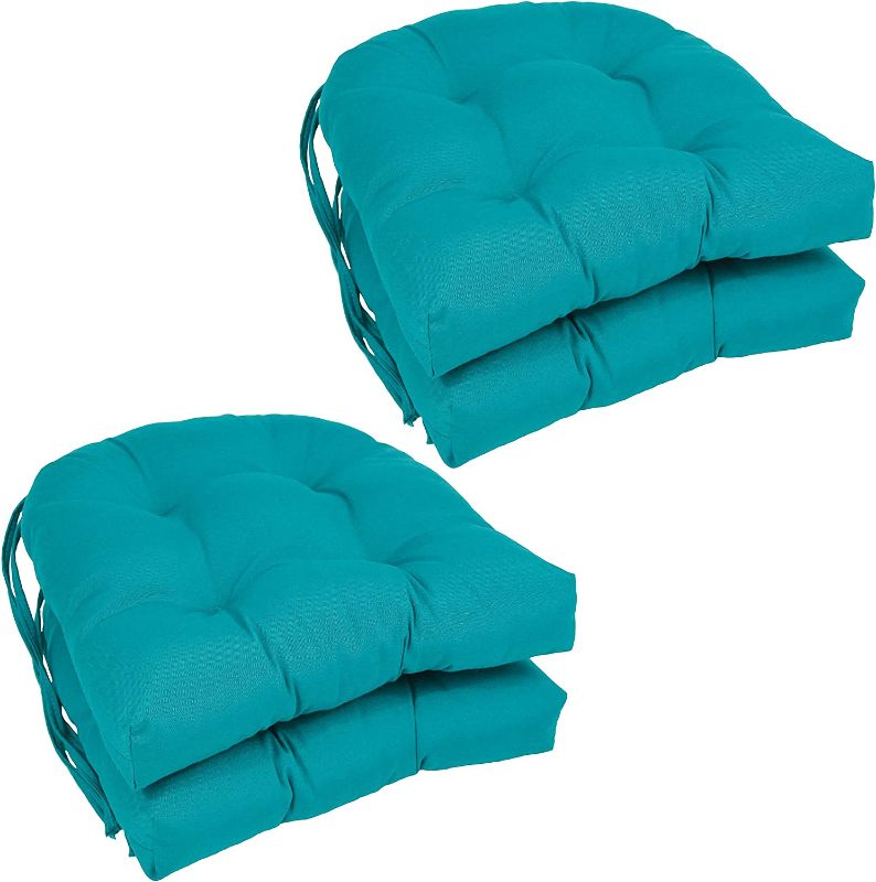 Photo 1 of Blazing Needles Polyester 16-inch Twill Rounded Back Chair Cushion, 4 Count (Pack of 1), Aqua Blue
