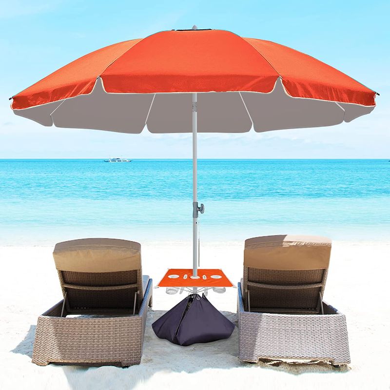 Photo 1 of wikiwiki 7FT Beach Umbrella with Table & Sand Bags, Portable SPF60+ Protection Sunshade Umbrella with Sand Anchor, Sand Bags, Cup Holder, Carry Bag for Outdoor Patio Sand Beach (Orange)
