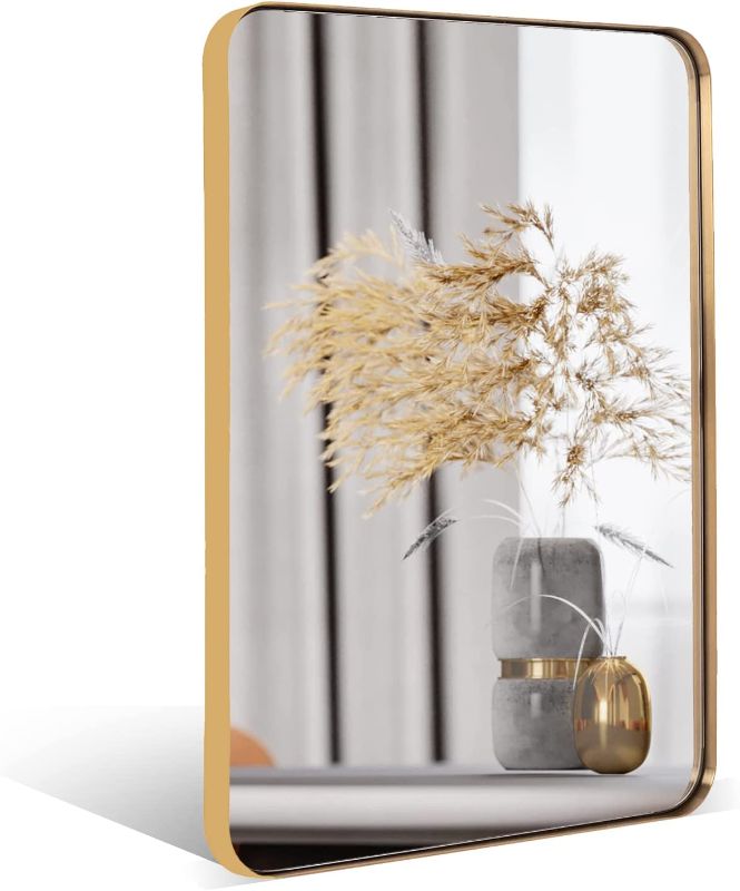 Photo 1 of ANDY STAR Gold Bathroom Mirror, 22" x 30" Brushed Brass Metal Wall Mirror, Rounded Rectangle Mirror for Vanity, Framed in Premium Stainless Steel…
