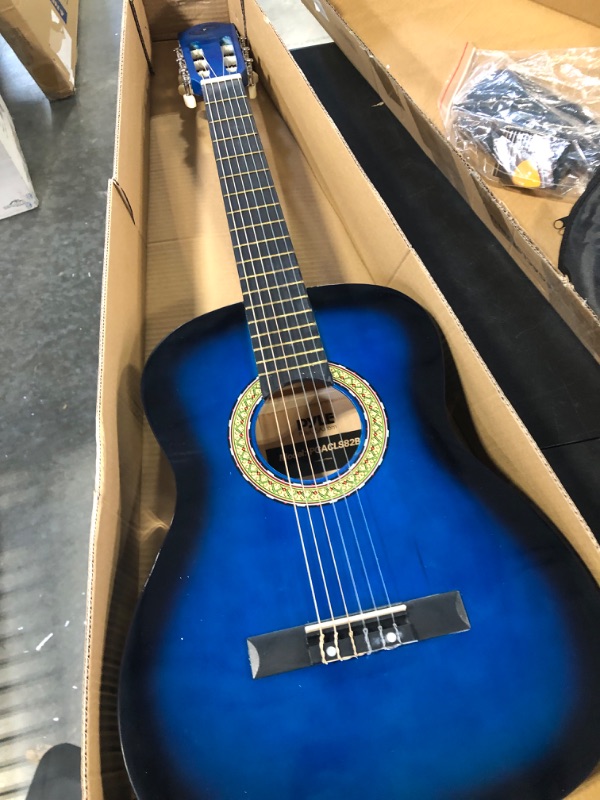 Photo 4 of Beginner 36” Classical Acoustic Guitar - 3/4 Junior Size 6 String Linden Wood Guitar w/ Gig Bag, Tuner, Nylon Strings, Picks, Strap, For Beginners, Adults - Pyle PGACLS82BLU (Blue Burst) Blue Fade Blue Fade Guitar