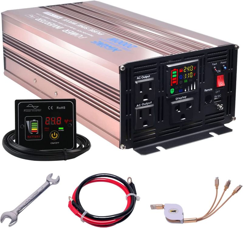 Photo 1 of XWJNE Power Inverter 2000 Watt Pure Sine Wave 24V DC to 110V/120V AC 4000 Watt Peak with Remote Control and LED Display 2x2.4A USB Charging Ports & 3 AC Outlets Dual Cooling Fans Inverter
