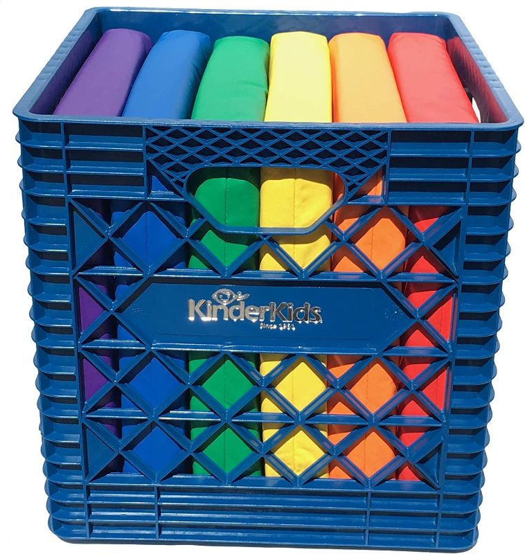 Photo 1 of KinderMat, Kindercrate, Blue, 6 Pack of 13.5" Kindercushions & Sturdy Storage Container, 2" Thick Squares Story Time Cushions, Alternative Seating, Yellow Blue Green Red Purple Orange
