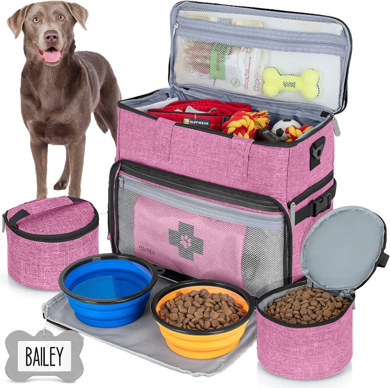 Photo 1 of Dog Travel Bag Airline Approved for Dog and Cat Tote Organizer with Multi Function Pockets, 2 Food Containers and Collapsible Bowls, Weekend Away Dog Bag for Travel Accessories (Pink)
