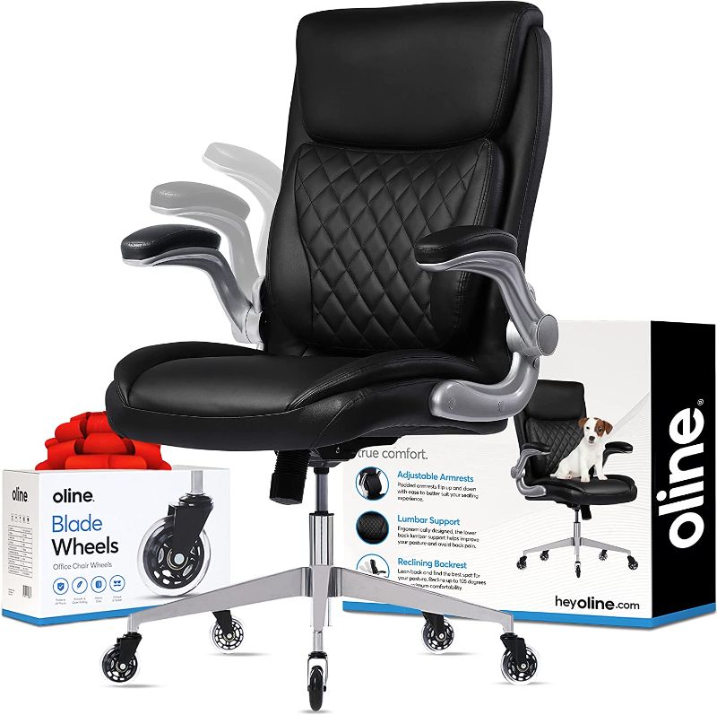 Photo 1 of Oline Ergonomic Executive Office Chair - Rolling Home Desk PU Leather Chair with Adjustable Armrests, 3D Lumbar Support and Blade Wheels - Computer Gaming Swivel Chairs (Black)
