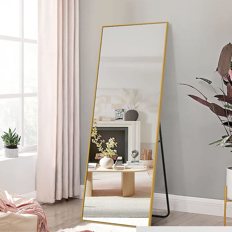 Photo 1 of  Full Length Mirror, 64"x21" Full Body Mirror with Stand Floor Mirror Full Length Standing Mirror Wall-Mounted Mirror Hanging or Leaning Against Wall Aluminum Alloy Thin Frame (Gold)
