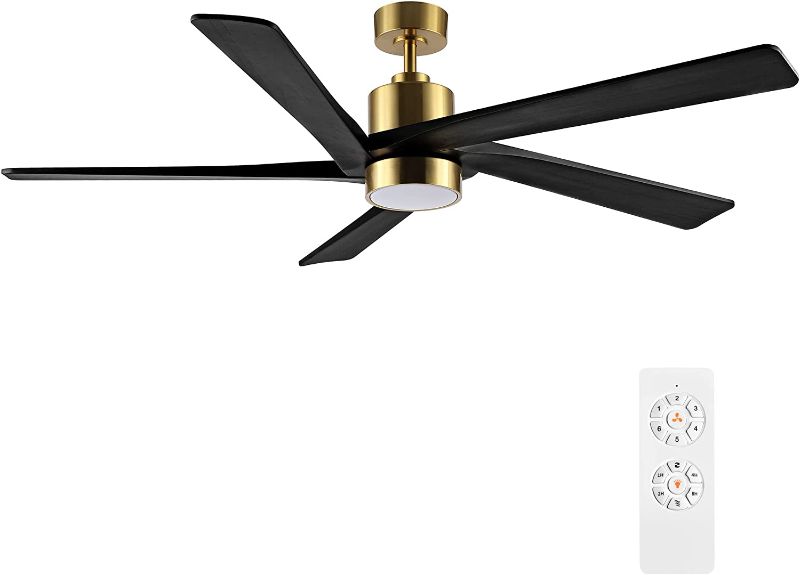 Photo 1 of WINGBO 54 Inch DC Ceiling Fan with Lights and Remote Control, 5 Reversible Carved Wood Blades, 6-Speed Noiseless DC Motor, Modern Ceiling Fan in Brass Finish with Black Blades, ETL Listed
