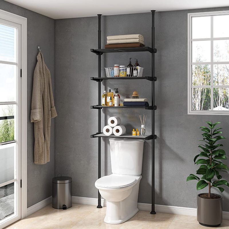 Photo 1 of ALLZONE Bathroom Organizer, Over The Toilet Storage, 4-Tier Adjustable Shelves for Small Room, Saver Space, 92 to 116 Inch Tall, Black

