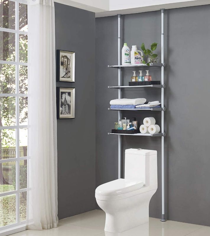 Photo 1 of ALLZONE 4 Tier Over Commode Shelving, Over The Toilet Storage Rack, No Drilling, Easy to Assemble, Pole Height 92-116 Inch, White
