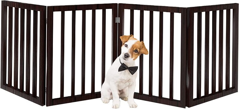 Photo 1 of  Pet Gate – Dog Gate for Doorways, Stairs or House – Freestanding, Folding, Accordion Style, MDF Metal Indoor Dog Fence (4 Panel, Black)
