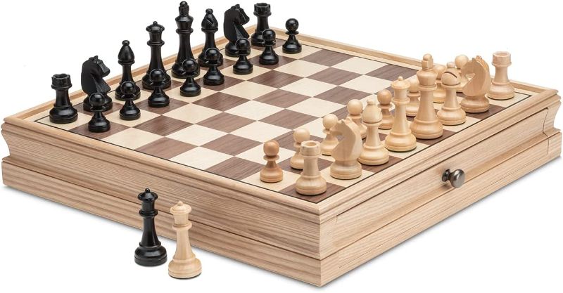 Photo 1 of A&A 15 inch European Ash Wooden Chess Sets w/ Storage Drawer / Triple Weighted - 3.0 inch King Height / European Ash Box w/Walnut & European Ash Inlay / 2 Extra Queen / Classic 2 in 1 Board Games
