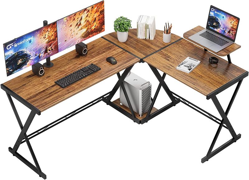 Photo 1 of GreenForest L Shaped Computer Desk Reversible Corner Computer Desk 58 inch with Large Monitor Stand and CPU Stand, Home Office Study Writing Desk Workstation, Space Saving, Walnut
