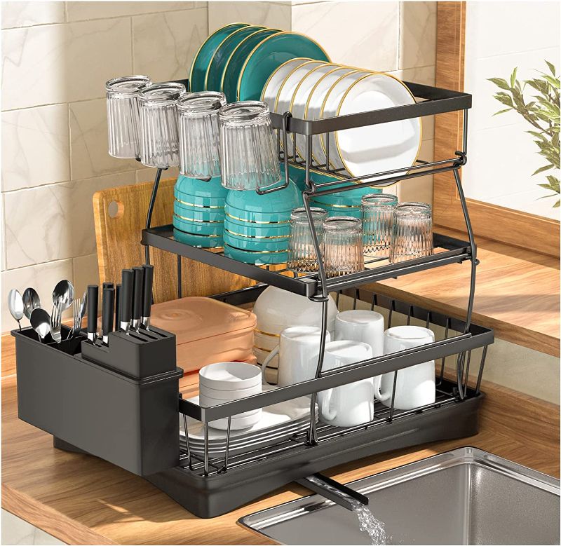 Photo 1 of 7 code 3-Tier Large Dish Racks for Kitchen Counter,Dish Drying Rack,Detachable Large Capacity Dish Drainer Organizer with Utensil Holder, Cup Holder,Dish Drying Rack with Drain Board ,Black
