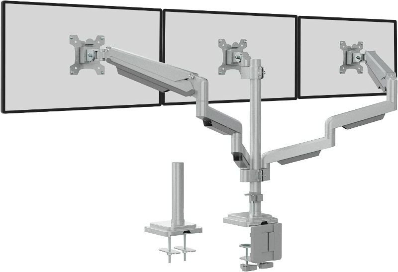 Photo 1 of WALI Triple Monitor Mount, 3 Monitor Stand Desk Mount with Premium Gas Spring Arm for Screens up to 30 inch, VESA 75x75 or 100x100 mm (GSDM003S), Gray
