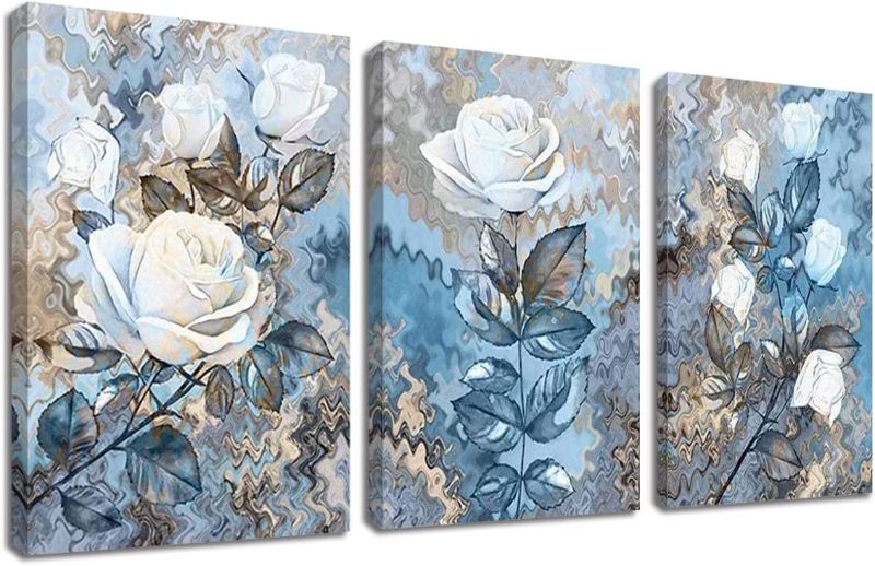 Photo 1 of YIKG Rose Flower Picture Canvas Wall Art White Floral Blue Theme for Living Room Bedroom Decor with Framed Ready to Hang 16x24x3 panels
