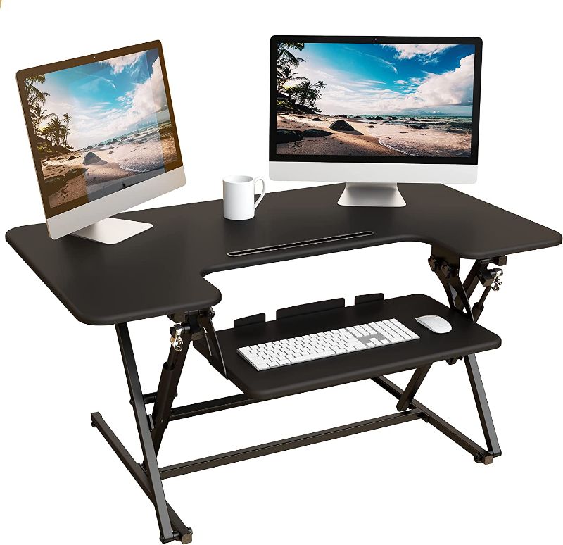 Photo 1 of Lubvlook Standing Desk Converter, 42 x 24 Inches Height Adjustable Sit Stand Desk Riser for Dual Monitors with Keyboard Tray, Black
