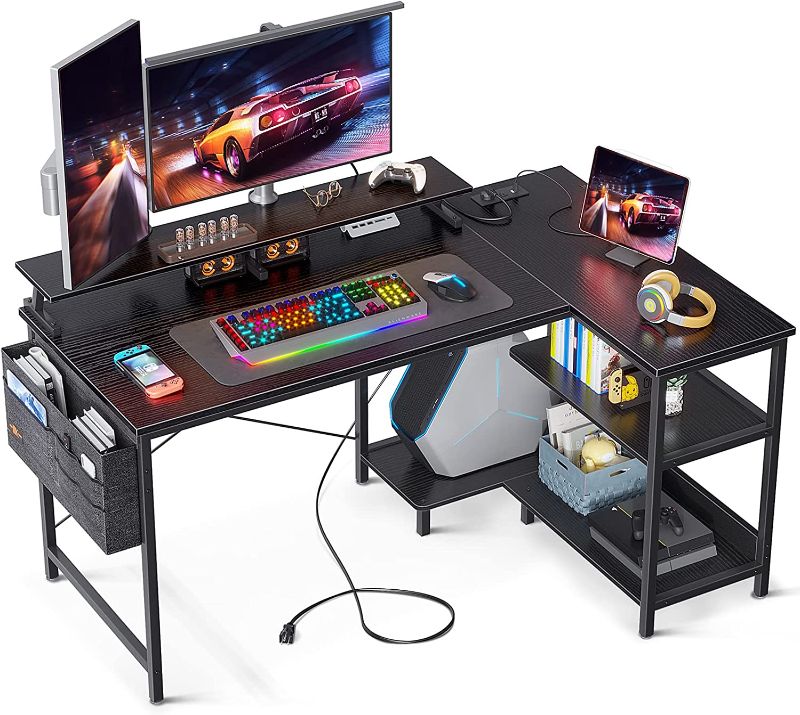 Photo 1 of ODK L Shaped 48 Inch Computer Desk with USB Charging Port & Power Outlet, L-Shaped Gaming Desk with Storage Shelves & Monitor Shelf for Home Office Workstation, Modern Writing Table, Black
