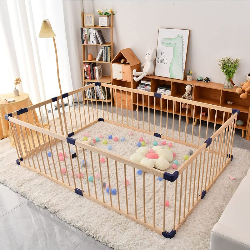 Photo 1 of Baby Playpen Wood ,Large Bbay Pen,Kids Safety Play Center Care Yard Indoor with Door,Toddler Safety Activity Center ,Without Mat?Inner Size 55*79 inch
