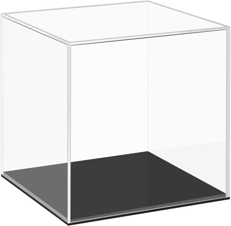 Photo 1 of Clear Acrylic Display Case with Black Base, Countertop Box Cube Organizer Stand Riser Dustproof Protection Showcase for Action Figures Toys Collectibles 17x 17