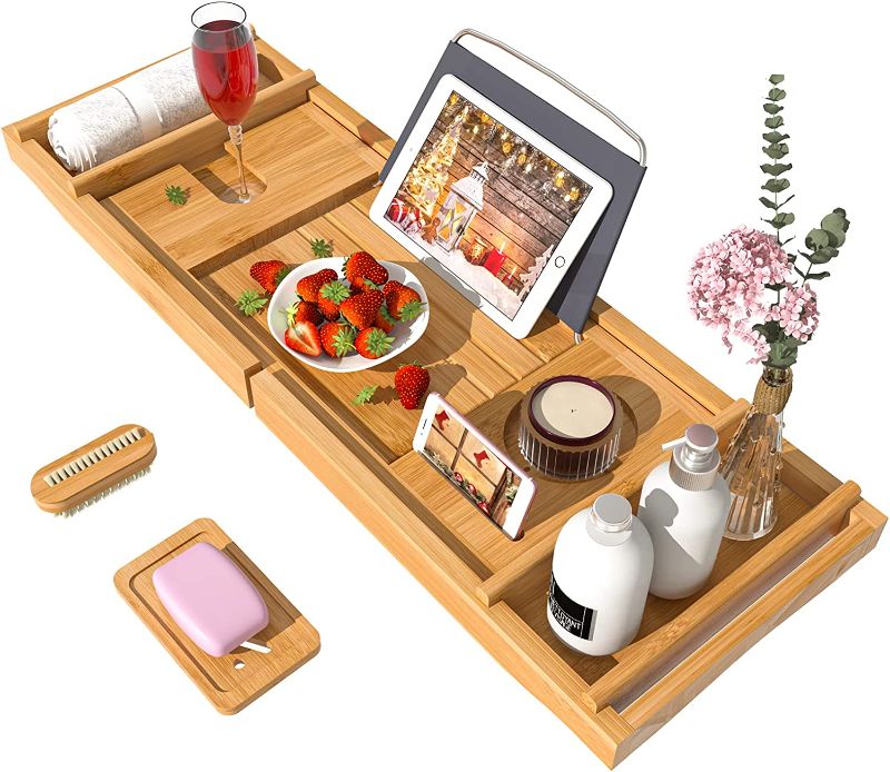 Photo 1 of Bath Caddy Tray for Bathtub - Bamboo Adjustable Organizer Tray for Bathroom with Free Soap Dish Suitable for Luxury Spa or Reading