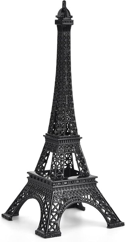 Photo 1 of Eiffel Tower Statue, Decorative Metal Paris France Eiffel Tower Model Figurine Replica Stand Holder for Cake Topper Table Decor Gift Party Home Decoration (Black, 10inch)