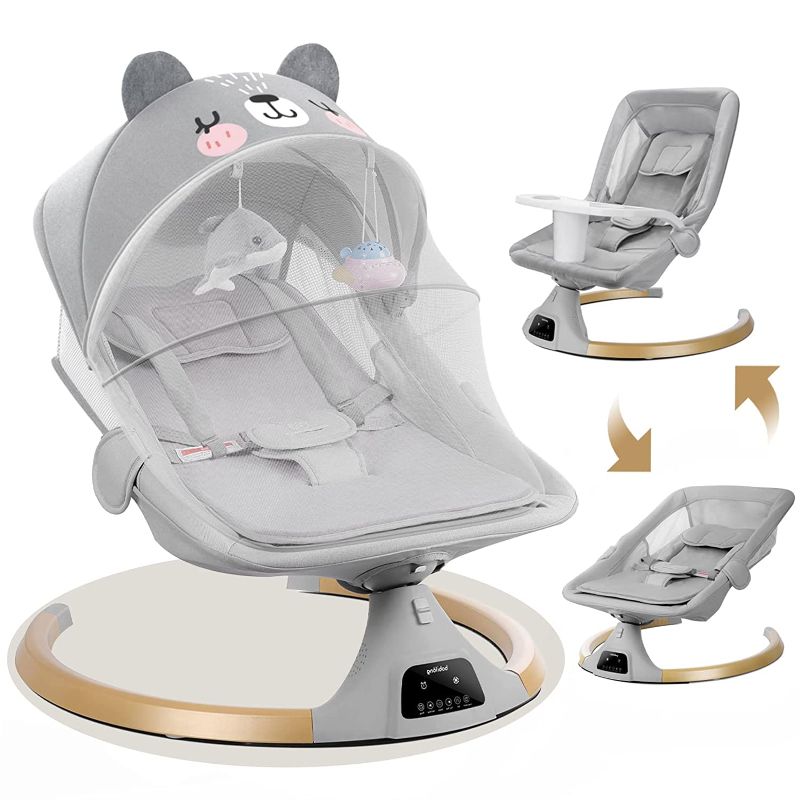 Photo 1 of Baby Swings for Infants to Toddler,3 in 1 Electric Remote Control Baby Rocker for Infants with Detachable Dinner Plate,4 Sway Ranges,Bluetooth Support Heavy Duty Base Baby Bouncers for 0-24 Months