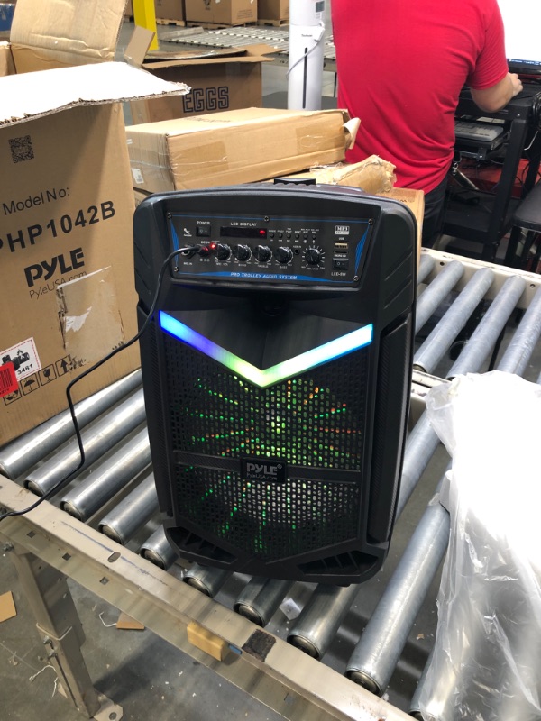 Photo 2 of Pyle Portable Bluetooth PA Speaker System - 600W Rechargeable Outdoor Bluetooth Speaker Portable PA System w/ 10” Subwoofer 1” Tweeter, Recording Function, Mic In Party Lights USB/SD Radio -PPHP1042B