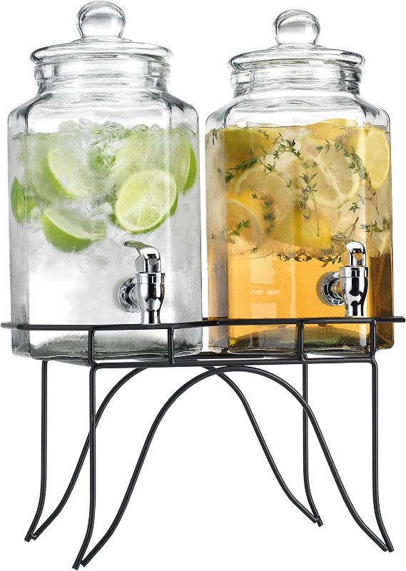 Photo 1 of Classic Double 1 Gallon Ice Cold Clear Glass Beverage Drink Dispenser With Spigot & Metal Stand- Great For Outdoor, Parties. & Daily Use