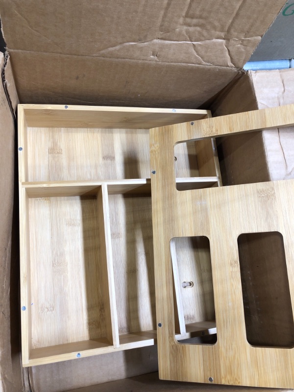 Photo 4 of  Bamboo Foil & Plastic Wrap Organizer with Cutter | Ziplock Bag Storage for Drawer Magnetic Break-Apart Design Dispenser Holder, Light Brown