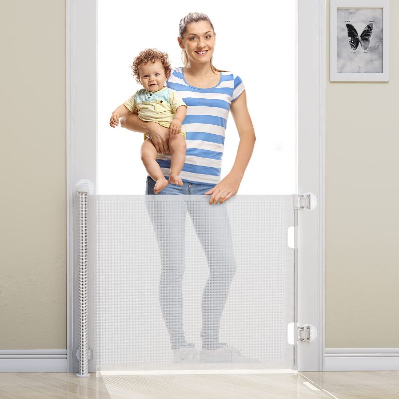 Photo 1 of Punch-Free Retractable Baby Gates, BabyBond 33 * 71 inches Extra Wide Baby Gate for Stairs Suitable for Kids or Pets Indoor and Outdoor Dog Gates for Doorways, Stairs, Hallways, White