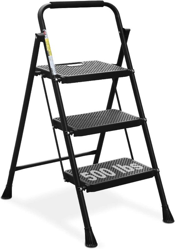 Photo 1 of 3 Step Ladder, Folding Step Stool with Wide Anti-Slip Pedal, 500lbs Sturdy Steel Ladder, Convenient Handgrip, Lightweight, Portable Steel Step Stool, Black