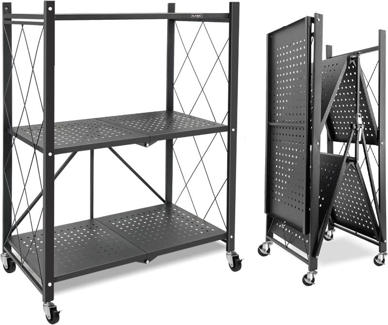 Photo 1 of ALANNG Storage Shelves Heavy Duty on Wheels, 3 Tier Rolling Cart,Metal Shelving Units 28" W x 14" D x 35" H for Garage Kitchen Bakers, Metal Wire, Collapsible/Foldable Organizer Rack