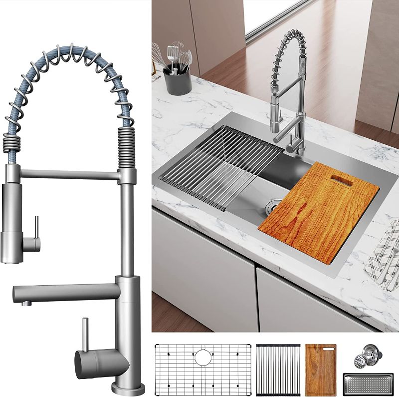 Photo 1 of 33 x 22 inch  Workstation Kitchen Sink with Faucet Combo Dual Mount All-in-One Undermount Single Bowl Kitchen Stainless Steel Sink with Integrated Ledge and Accessories 