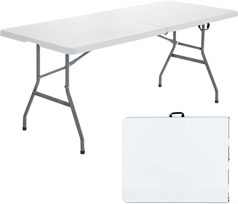 Photo 1 of 6ft Foldable Plastic Card Table, Portable Heavy Duty Fold Up Table w/Handle, White Outdoor Utility Folding Table for Picnic, Party, Dining, Camping, Beach, BBQ, No Assembly