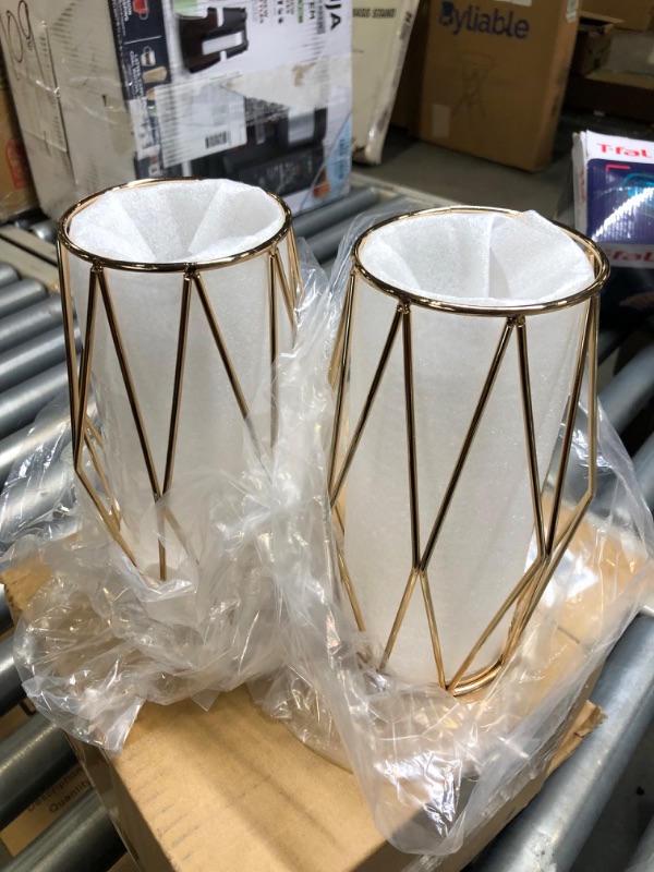 Photo 2 of 2Pcs Gold Pillar Hurricane Candle Holders, Clear Glass Candleholders with Geometric Metal Rack Stand, Decorative Cylinder Vases for Dining Table Centerpieces, 8.5"