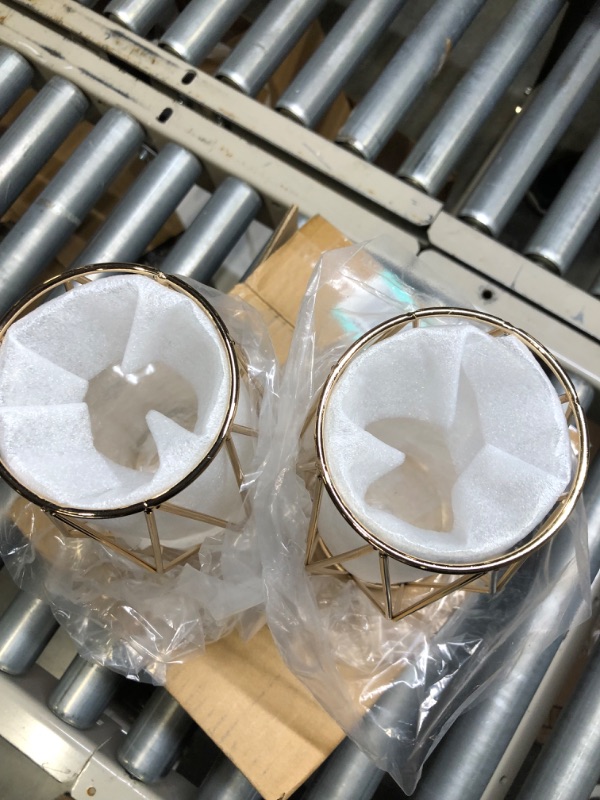 Photo 1 of 2Pcs Gold Pillar Hurricane Candle Holders, Clear Glass Candleholders with Geometric Metal Rack Stand, Decorative Cylinder Vases for Dining Table Centerpieces, 8.5"