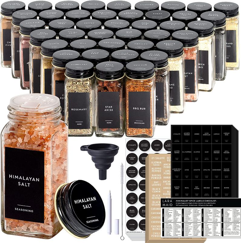 Photo 1 of  24Pack Spice Jars with 455 Black Vinyl Spice Labels, Shaker Lids Dispenser with Airtight Black Metal Caps, Cleaning Brush and Collapsible...