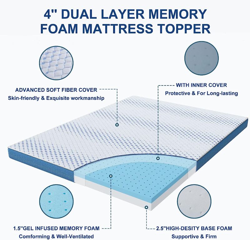 Photo 1 of 4 Inch Memory Foam Mattress Topper King, Gel Firm Bed Toppers, High Density Ventilated Foam Mattress Pad with Removable Cover